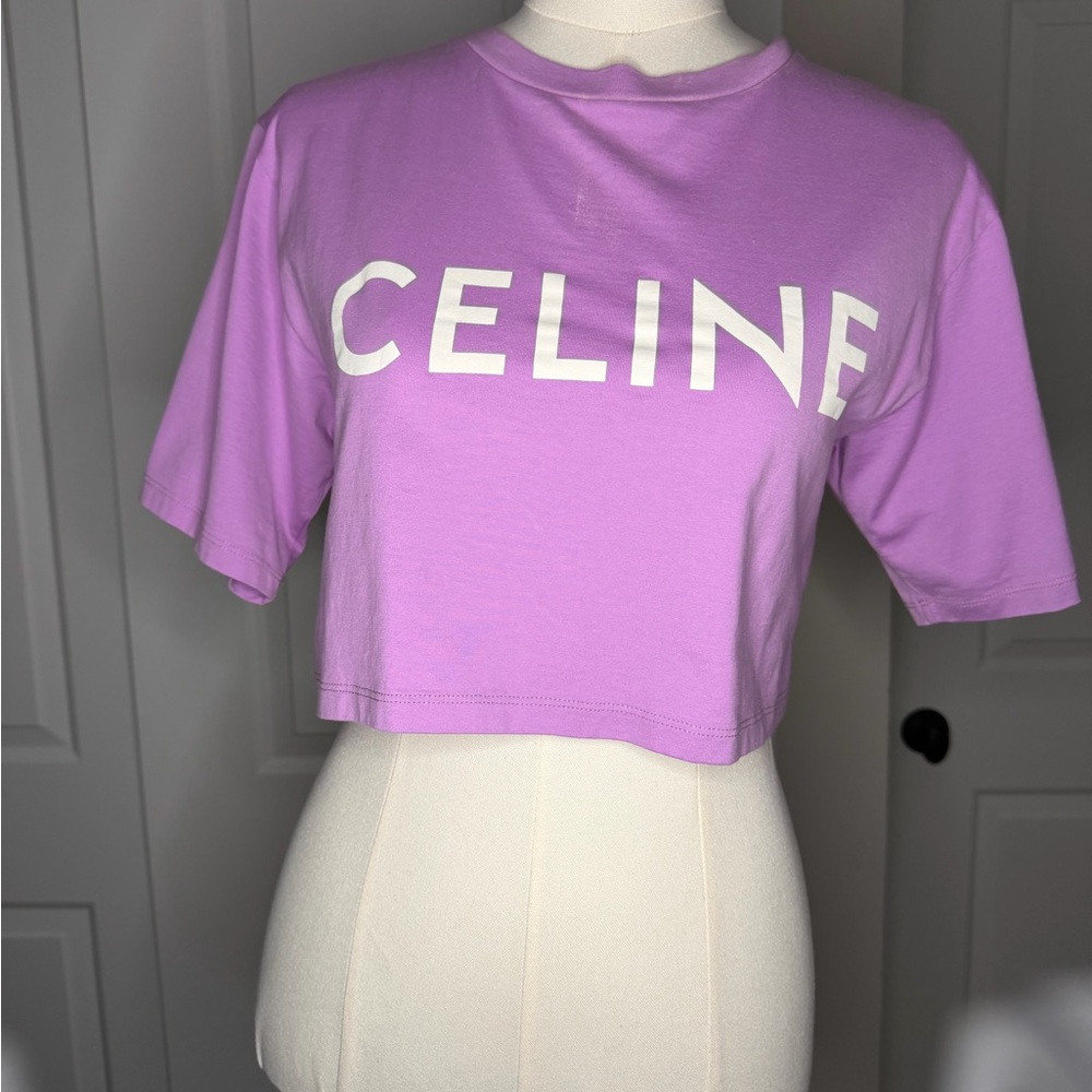 Celine Paris Logo Cropped T Shirt Lavender Purple Cotton Tee XS - Picture 2 of 5